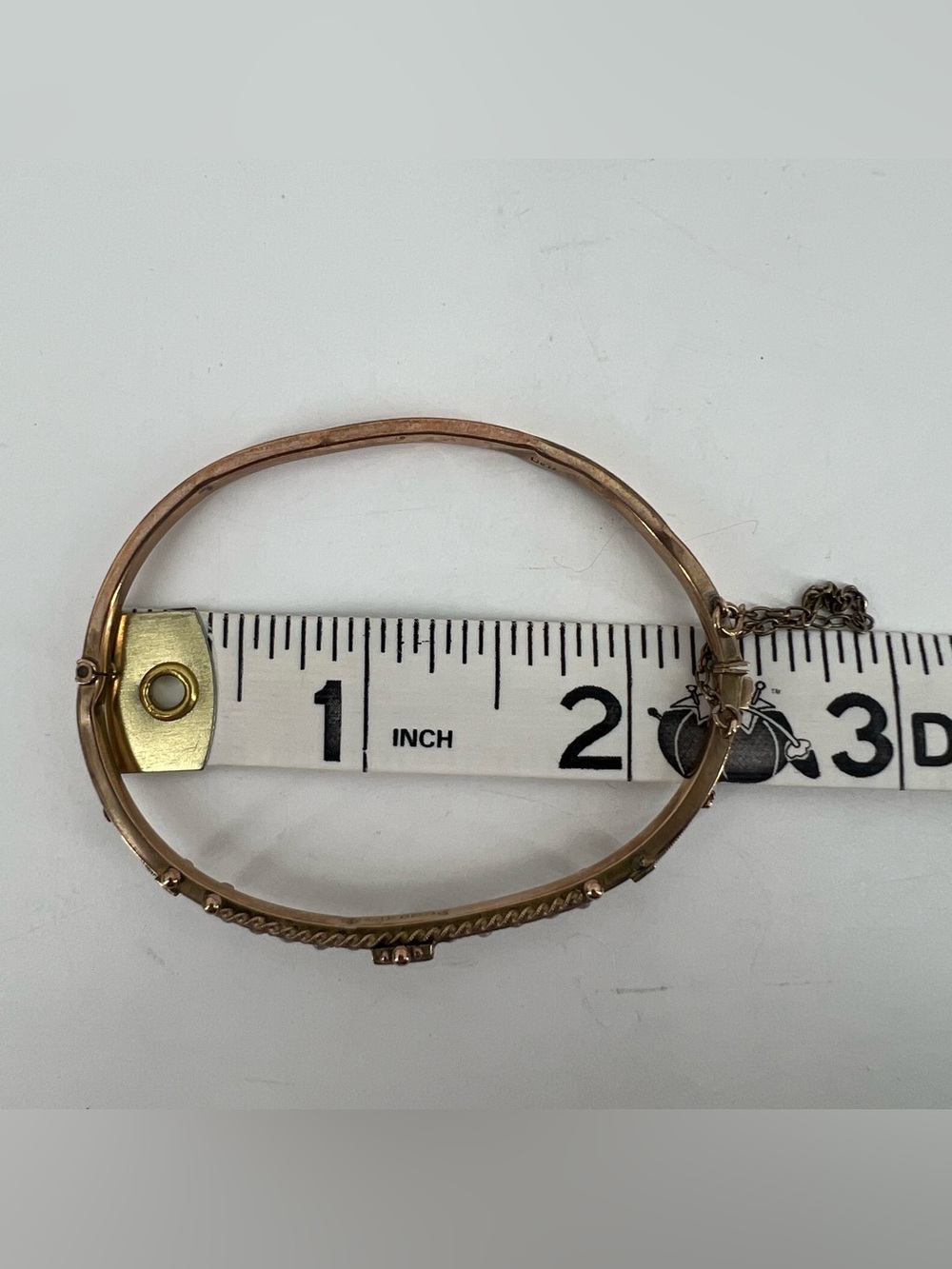 9K Gold Victorian Bangle Bracelet Blue White Stones 2.5” Stackable Dainty 5.19g - Picture 13 of 14